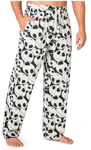 Disney Pantalon de Pyjama Homme Bas de Pyjama Doux Avec Poches Vêtement de Nuit et Détente Coton Cadeau Homme et Ado (S, Blanc/Noir Jack)