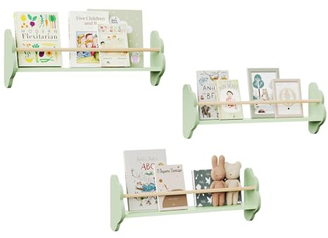 WOLTU Libreria da Parete per Bambini, 3 Mensole per Cameretta, Porta Libri e Giocattoli, Libreria Sospesa in Pino e MDF, Verde