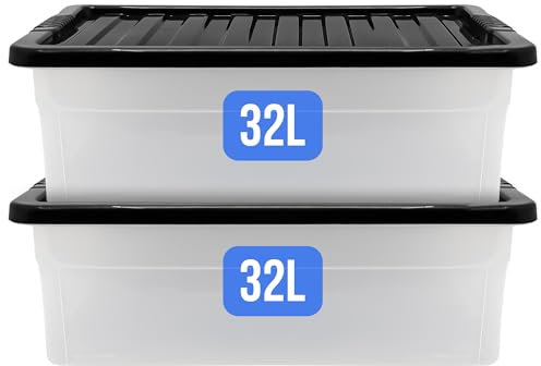 KMJ® 2 Pack-32L Under Bed Storage Box with Lid – Large Plastic Storage Box for Clothes, Shoes, Toys Etc.– Clear Underbed Storage Boxes with Lids – Stackable Storage Boxes Plastic