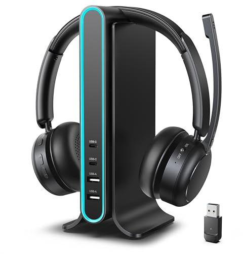 Bluetooth Headset, Wireless Headset with Mic for Work, Qualcomm Chipeset Dongle, V5.4 Headsets with Microphone for Work, Wireless Noise Cancelling Headphones Busy/Mute Light for PC Computer Office WFH