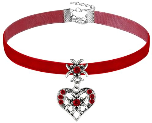 Herdear Collana da Donna Collana Tirolese per Festa Bavarese Collana con Ciondolo a Cuore Collana Stella Alpina Elegante Collana con Pendente a Forma di Cuore di Strass(Rosso)
