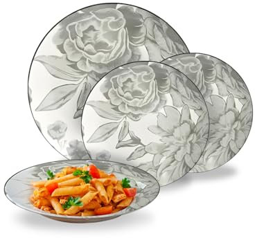 Avilia – Juego de platos modernos de 18 piezas de porcelana con decoración floral ramo gris, servicio elegante para 6 personas