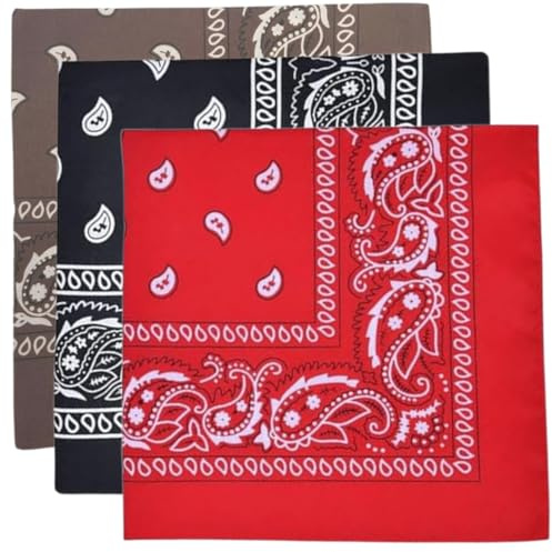 3 Pack Paisley Bandana - Multifunctional Headwear for Outdoor Adventures 55x55cm - Red, Black, Brown, Perfect for Cycling, Hiking, Running, Yoga, Motorcycling, and More