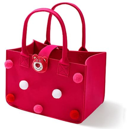 Bolsa de fieltro con pompones, 30 x 20 x 18 cm, bolsa de la compra con asa, color morado