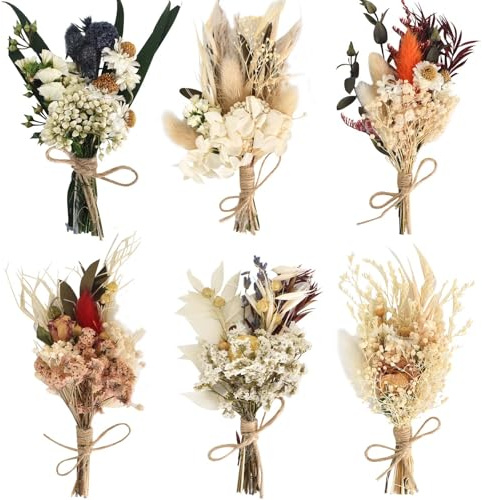 6 mini mazzi di fiori secchi, mazzi di fiori secchi naturali, corsetti, ideali per il tempo libero creativo, i vasi, la decorazione della casa per un matrimonio