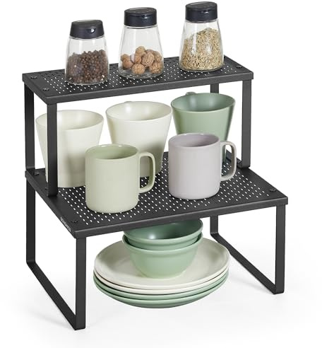 SONGMICS Spice Racks, Set of 2 Cupboard Organisers, Kitchen Storage, Stackable, Expandable, Metal Counter Shelves, Ink Black KCS005B01