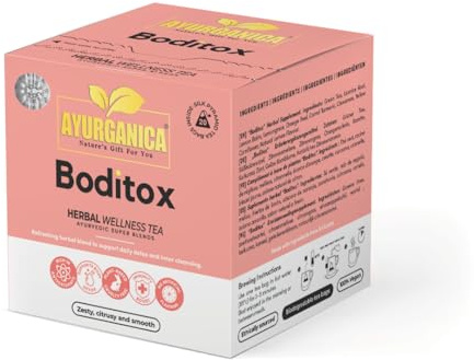 Ayurganica Boditox Herbal Tea with 9 Active Herbs - 20 Counts – Detox Tea For Liver & Body Cleanse – Ayurvedic Lemon Balm Tea with Green Tea, Licorice & Citrus Peel – Silk Pyramid Individual Tea Bags