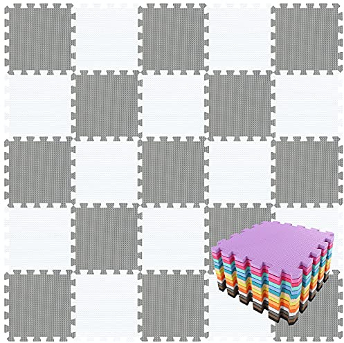 qqpp EVA Rubber 18 Tiles Interlocking Puzzle Foam Floor Mats - Baby Play Mat for Playing | Exercise Mat for Home Workout. White, Gray. QC-ALb18N