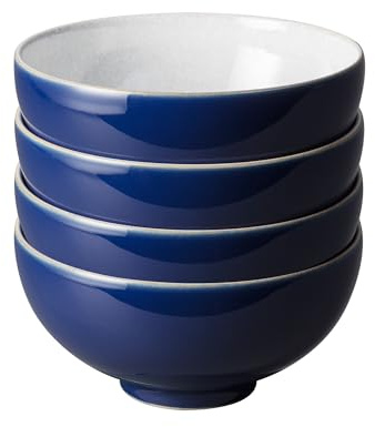 Denby - Elements Dark Blue Rice Bowls Set of 4 - Dishwasher Microwave Safe Crockery 480ml 13cm - Navy Blue, White Ceramic Stoneware Tableware - Chip & Crack Resistant Soup Bowls