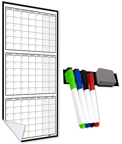 WallTAC Calendrier mural annuel 2022 grand format A1, A2 ou A3 avec dos adhésif amovible pour un montage facile, laminé ou organiseur familial (A3 3 mois, noir et blanc)