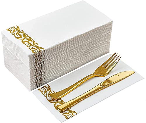 Disposable Hand Towels Decorative Bathroom Paper Napkins,Linen-Feel Guest Towels for Kitchen,Parties, Weddings, Anniversary, Dinners or Events,30 x 43cm, Pack of 50(Gold)