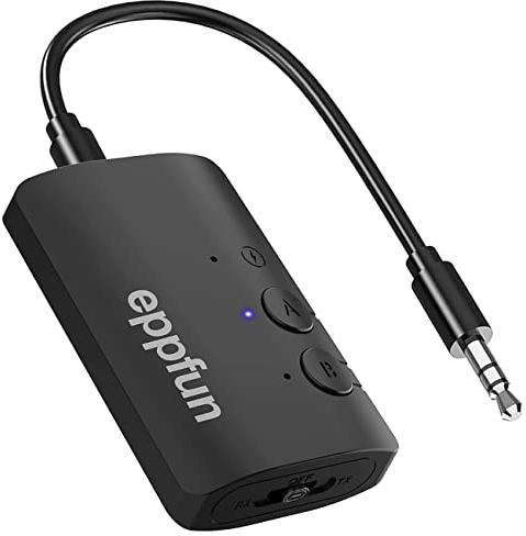 eppfun Bluetooth 5.2 Adapter für Auto/TV/Flugzeug, Bluetooth Sender Empfänger Klinke mit 3,5 mm Aux APTX-Adaptive Audio Transmitter