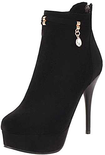 Diuniarza Stivaletti da Donna con Tacco Alto, Stivaletto Tacco a Spillo Zip Punta Rotonda Polacchine Eleganti con Plateau con Cristalli, 5975Rhb Nero Numero 44 EU