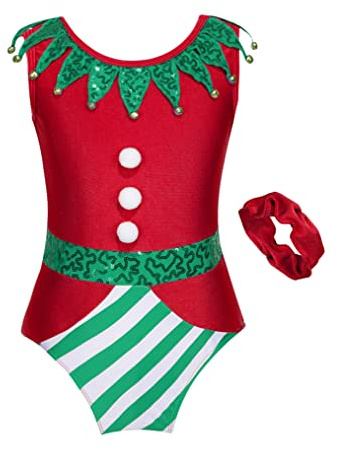 Freebily Kids Girls Boys Christmas Costume Sleeveless Santa Elf Bodysuit Ballet Dance Gymnastics Leotard Red 5-6 Years