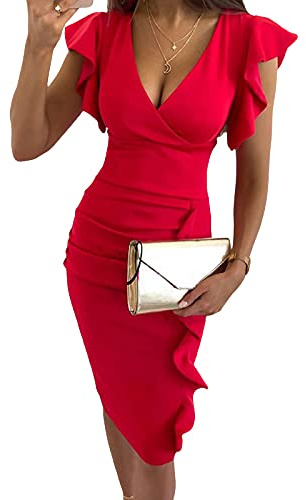 Vestido Sexy de Fiesta para Mujer Vestido Ajustado Elegante sin Manga Vestido Delgado de Cuello en V con Volantes para Cóctel Dress Bodycon Slim Fit Color Sólido de Boda Banquete (Rojo, S)