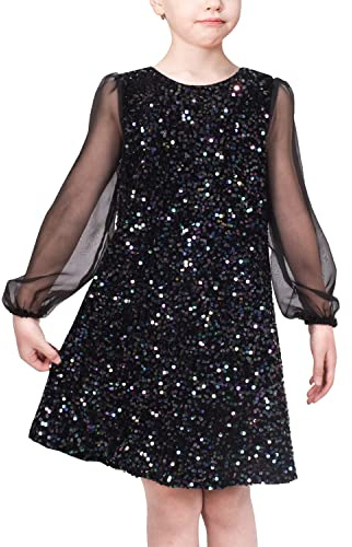 Sunny Fashion Robe Fille Noir Sequin Virer Mesh Manche Longue Partie Élégant Robe de Bal 8 Ans