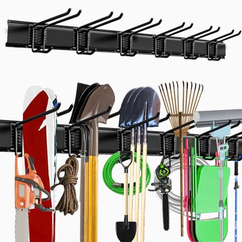 NOEAIKE Garagen-Aufbewahrungshaken, 121,9 cm, robuste Wandhalterung, Garagenorganisation mit 3 Schienen und 6 verstellbaren Doppelwandhaken, Hängeregale für Gartenwerkzeug/Besen/Mop, Schwarz