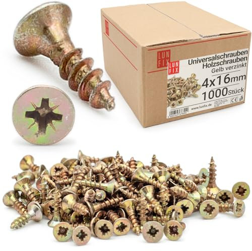 LUN FIX Lot de 1000 vis universelles 4,0 x 16 mm - Cruciforme PZ2 - Tête plate - Vis à bois - Galvanisée jaune - Vis multi-usages - Vis cruciformes