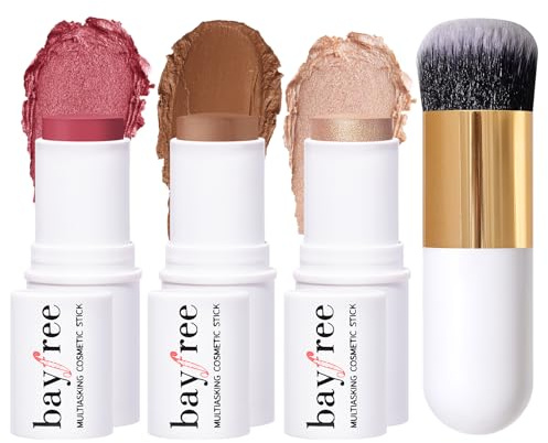 KIMUSE Face Sticks Trio, Cream Blush Stick & Highlighter Stick & Contour Stick for Sculpt the Cheeks, Long Lasting Cream Contour Stick Trio for Face Makeup, with Brush