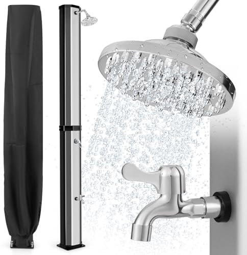 COSTWAY Doccia Solare da Giardino 60 Litri e 227 cm, Doccia da Esterno con Soffione e Rubinneto 60°C Senza Collegamento di Alimentazione, Doccia per Piscina con Custodia Prottetiva (Nero+Argento)