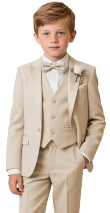Leader of the Beauty Costume de porteur d'alliances 3 pièces pour garçon - Veste et pantalon - Costume de smoking à revers, beige, 4 ans