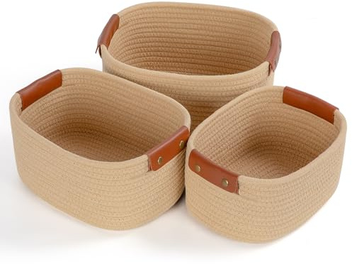 Otauoaea Cestini Portaoggetti Bagno, Set da 5 Cesto Portaoggetti Intrecciato in Corda di Cotone, Corda di Cotone per Bambini Bambina, Impilabile Organizer Fasciatoio per Camera da Letto Salotto(Iuta)
