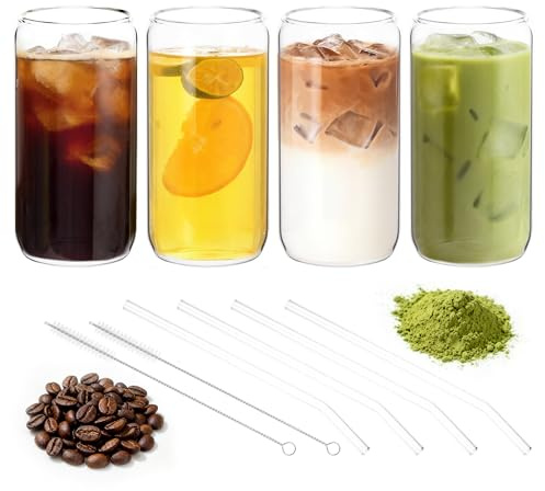 Hejo 4 Pièces Verre Matcha avec Paille, 500ml Verres Latte Transparent, Verres à Cocktail, Grand Verre Réutilisable pour Bière, Lait, Eau, Jus, Café