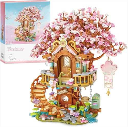 Cherry Blossom Tree House Building Block Set for Home Decoration, 1149 PCS Artificial Sakura Flowers Mini Brick House Building Kit, MOC Modular Construction Toy Gift for Adult and Women