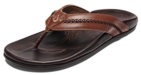 OLUKAI Mea Ola Men's Leather Beach Sandals, Soft & Durable Flip Flops, Arch Support & Comfort Fit, Enhanced Grip & Traction, Tan/Dark Java, 10