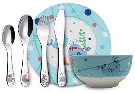 Exzact Bambini Set da Tavola/Posate Regalo 6 Pezzi in Acciaio Inox – 1x Scodella, 1x Piatto, 1x Coltello, 1x Forchetta, 1x Cucchiaino, 1x Cucchiaio -WF712-6GFT-SEA