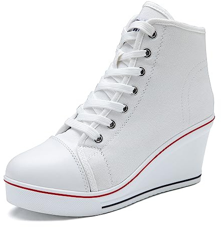 Hurriman Women's Wedge Sneakers High Heel Canvas Shoes Lace up High Top Side Zipper Fashion Sneakers (8 B(M) US/Label 39, White)