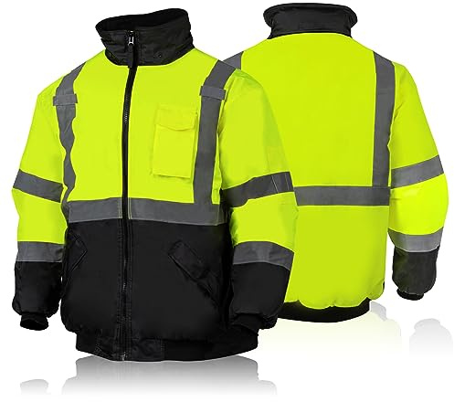FONIRRA High Visibility Safety Jackets for Men with Fleece Liner,ANSI Class 3 Reflective Waterproof Bomber Jacket(Yellow,3XL)