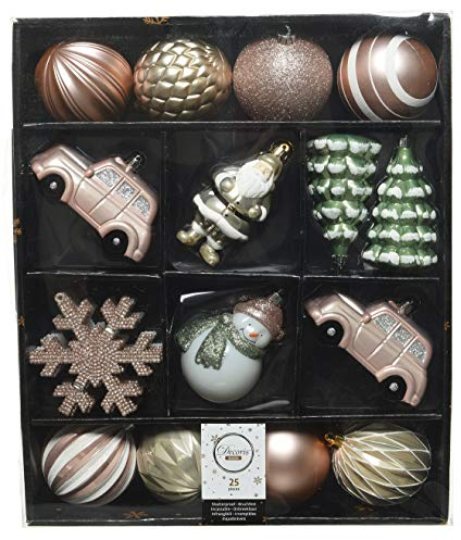 ETC 25-er Set dekorativer Figuren-Kugelmix PVC Weihnachtskugeln Baumschmuck bruchfest Christbaumschmuck (puderrosa/Champagner/weiß/lindgrün)
