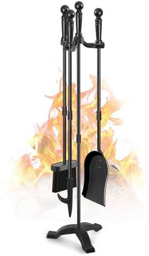Gtongoko Fireplace Tools Set 4 Pcs 30 Inch Black Wrought Iron Large Fire Tool Set for Outdoor/Indoor Include Chimney Poker, Antique Shovel, Rustic Brush and Stand Accessories Set