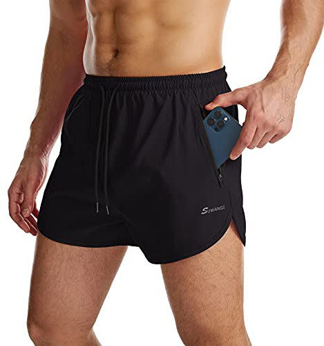 Suwangi Herren Sport Shorts Laufshorts Kurze Hose Schnell mit Innenslip Trocknend Sporthose mit Tasch Schwarz L