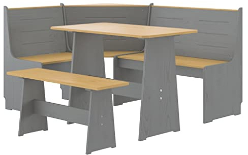 vidaXL Juego de Comedor 3 pzas, Banco de Esquina con Respaldo, Mesa de Cena, Mueble para Cocina Hogar, Madera Maciza de Pino Marrón Gris