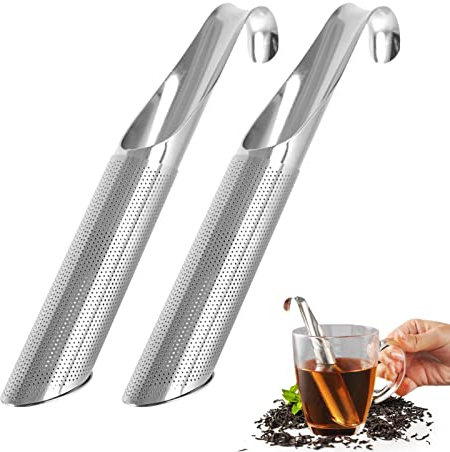 2 Colino da tè - Diffusore per tè con Tubo a Bastoncino in Acciaio Inossidabile,Steeper per tè a Foglia Sfusa a Manico Lungo con Gancio per Appendere Tubo per Filtro Riutilizzabile