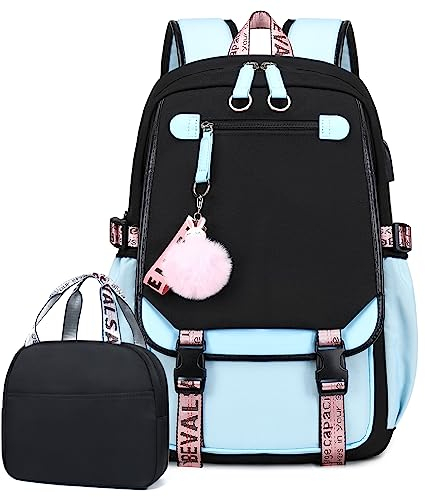 Bevalsa Schulrucksack Mädchen Teenager Schulranzen mit Lunchtasche Schultaschen-Set, Freizeitrucksack Groß 210 Wasserdicht School Bag Backpack Casual Daypacks für Kinder Grundschüler Schüler (Blau)