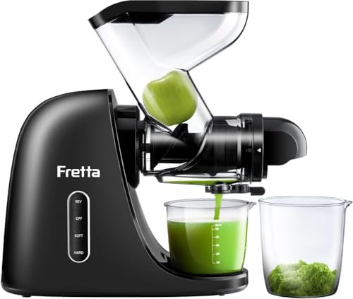 Fretta Licuadora prensado en frío-Extractor de zumos y verduras-Gran canal de alimentación para facilitar su uso-slow juicer machine-100% libre de BPA,Limpieza fácil (Carbon Black)