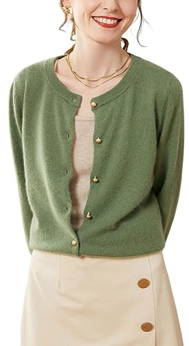 Valin SPR2249 - Cardigan da donna, 95% cashmere, girocollo, a maniche lunghe, in lana di cashmere, tinta unita, sottile, verde, 48