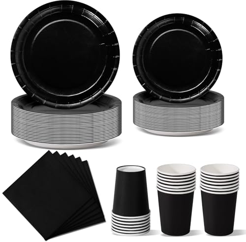 Nkaiso Stoviglie per Feste 96 Pezzi Nero Festa della Addobbi Ragazza di Compleanno dei Dambini Articoli per Feste Set Include Piatto Usa e Getta di Carta Party Tazze Tovaglioli -24 Ospiti