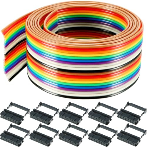 Youmile 20 Pin Cavo a nastro piatto di colore arcobaleno 3M/9.84ft cavo IDC Cavo di collegamento a nastro piatto da 1,27 mm con connettore femmina con zoccoli IDC FC-20P per connettori da 2,54 mm