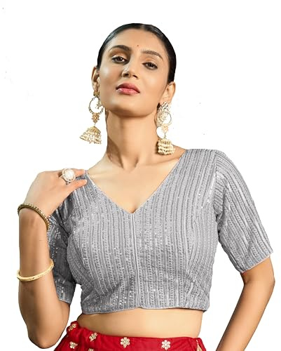Pujia Mills Indian Ethnic Women Clothing Designer Silver Sequence with Matching Embroidery Deep V Neck Half Sleeve Ready Made Padded Sari Blouse Ready Made