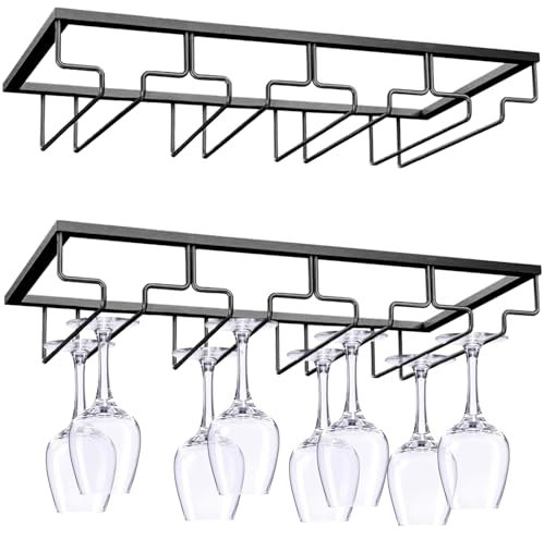 LOSYHU 2 Pack Wine Glass Holder Hanging Under Cabinet, 4 Rows Wine Glass Hanging Rack, Metal Wine Stemware Holder, Wine Glasses Hanger Rack for Bar and Kitchen Cabinet, Black