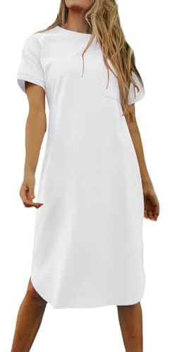 Imily Bela Robe t-shirt pour femme - En coton - Manches courtes - Col rond - Mini robe décontractée avec poches.