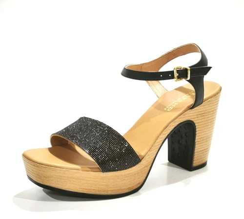 Pedro Miralles Sandalias de Piel de Brillos de Color Negro con tacón Efecto Madera Modelo Estella en Tonos Negros. Hecho a Mano en España