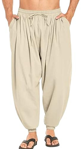 Herr Harem Linne Byxor Elastisk midja Dragsko Baggy kläder Sommar Beach Boho Yoga Byxor