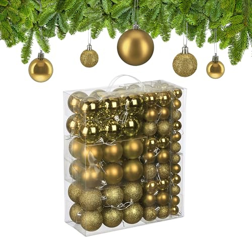 Relaxdays Palline di Natale, Set 138 Palle Albero, Addobbi Natalizi, Sfere in Plastica Opache, Lucide e Glitter, Oro