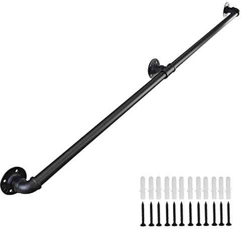 Handrails for Stairs, Sunowl 3M Stair Handrail for Indoor Outdoor, Safety Wall Mounted Hand Rails Non-Slip Industrial Wrought Iron Banister Handrail (Black, 1.5M)