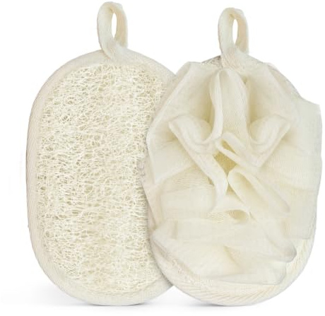 Flintronic Naturlig luffasvamp 2 stycken, peeling pad för ansikte och kropp, bad dusch luffa med bärband, dusch badsvamp för män kvinnor dusch bad och spa, krämvit stil b